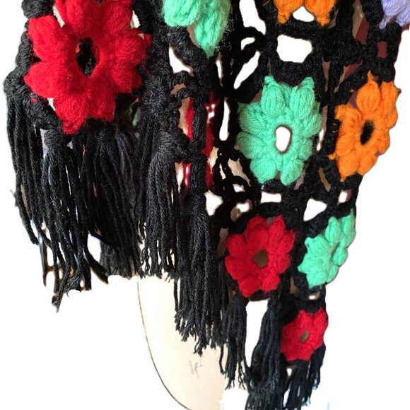 Vintage crochet knit granny flowers floral multicolor wrap scarf shawl w fringe - Picture 7 of 12